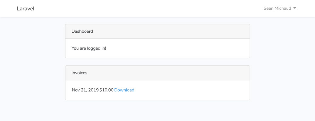 Laravel home page with invoices table